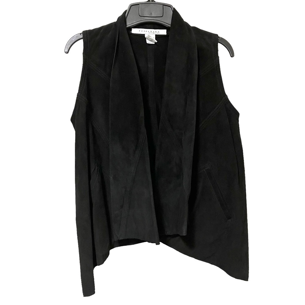 Rezrekshn by Esther Chen Suede Leather Open Front Black Vest